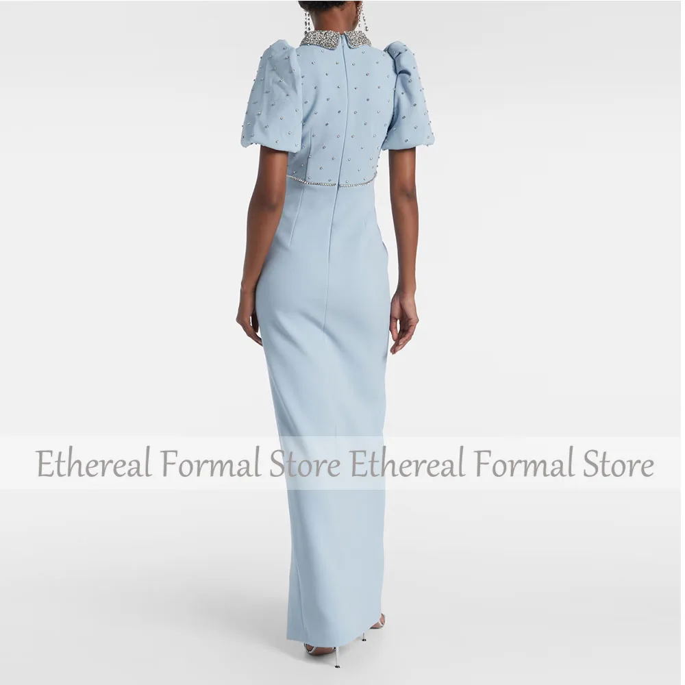 Modern Sky Blue ชุดราตรีสําหรับงานแต่งงาน Mermaid ชุดพรรคอย่างเป็นทางการความยาวแขนสั้นพรหมชุดประดับด้วยลูกปัด Saudi ชุด
