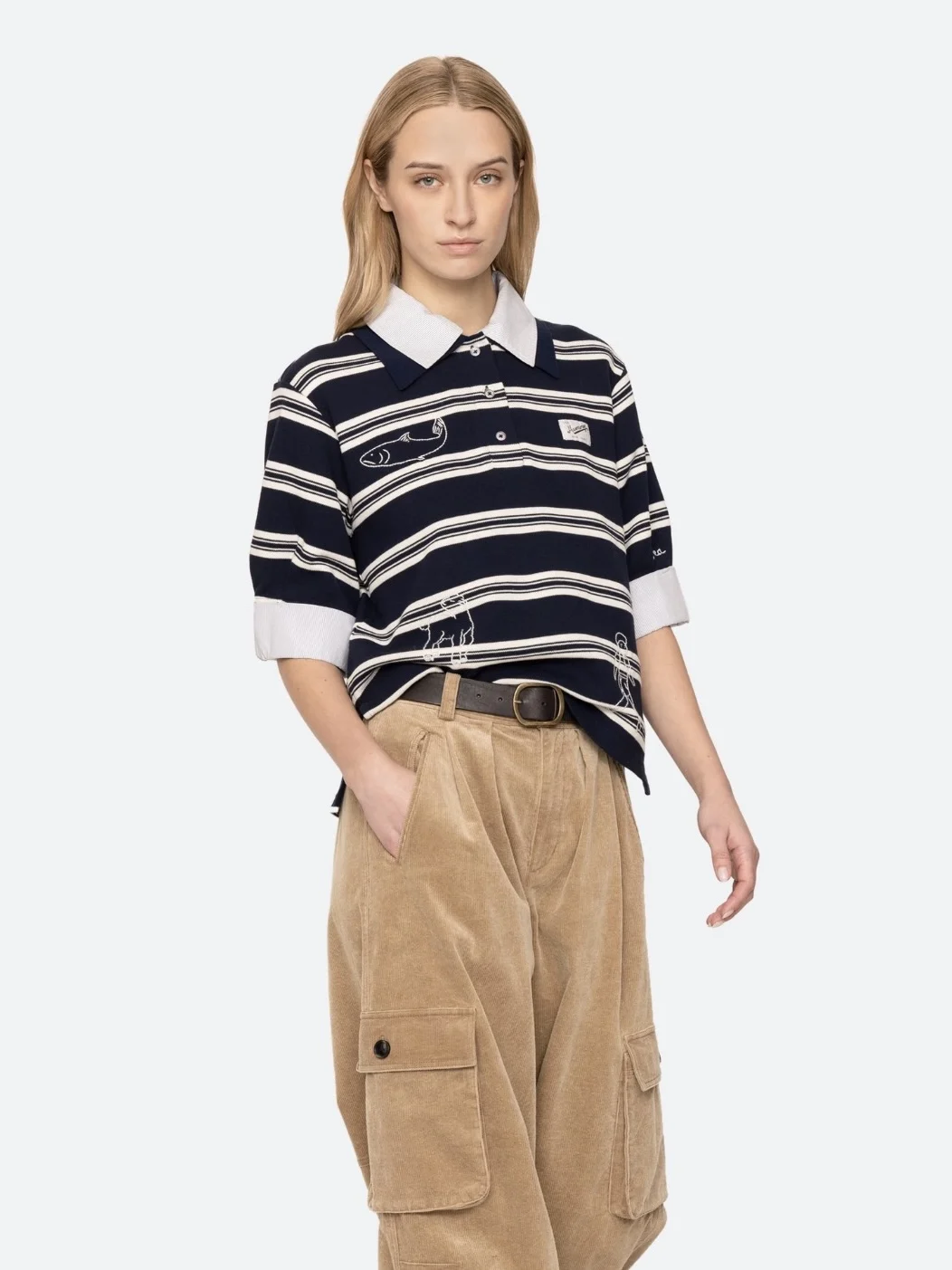 Retro Vacation Style Heavy Embroidery Striped  Shirt Short Sleeve Turn-down Collar Loose Fit Cotton Women's Casual Top