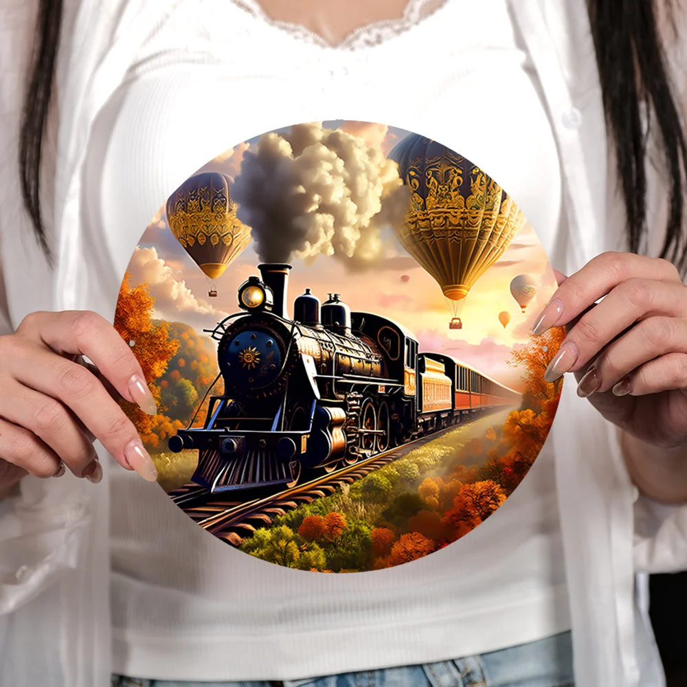 Vintage Train & Hot Air Balloon Wall Decor - 7.16 Inch Round Aluminum Metal Art with Locomotive, Steam Locomotive & Hot Air Ba