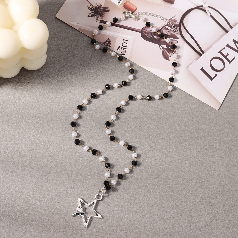 Aihua Neue Koreanische Mode Mond-Polaris-Stern-Anhänger Halskette für Damen und Herren Schwarze Seilkette Choker Y2k Party Schmuck Geschenke – Detail 4