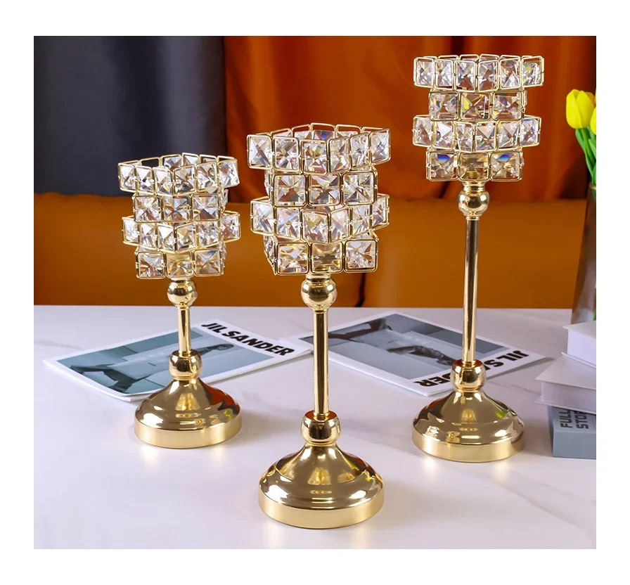 Crystal Rubik's Cube Candlestick Golden Iron Hollow Ornaments Crafts Romantic Candlelight Dinner Wedding Ornaments