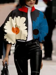 Yeezzi 2025 New Women Korean Fashion Contrast Color Floral Printed Stand Collar Elegant Jackets Spring Summer Casual Outerwear