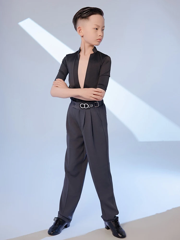 New Boy's Latin Dance Costume Kid's Tango Dance Training Suit Blacl V-Neck Tops Grey Pants Set Ballroom Dance Clothes XH408