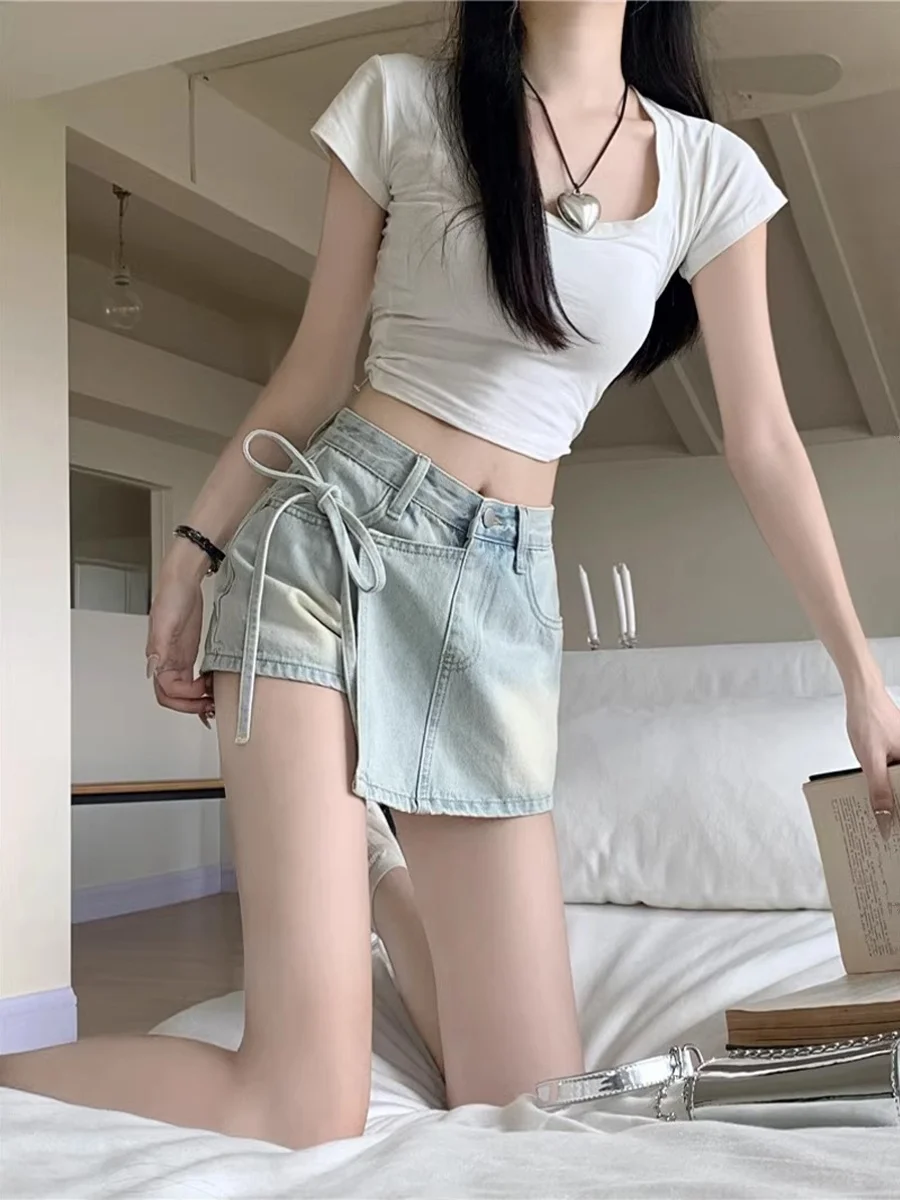 Celana Denim A-Line Pinggang Tinggi Celana Rok Bersabuk Trendi Musim Semi Musim Panas Wanita Jeans Anak Perempuan Pedas Panjang Or Kasual