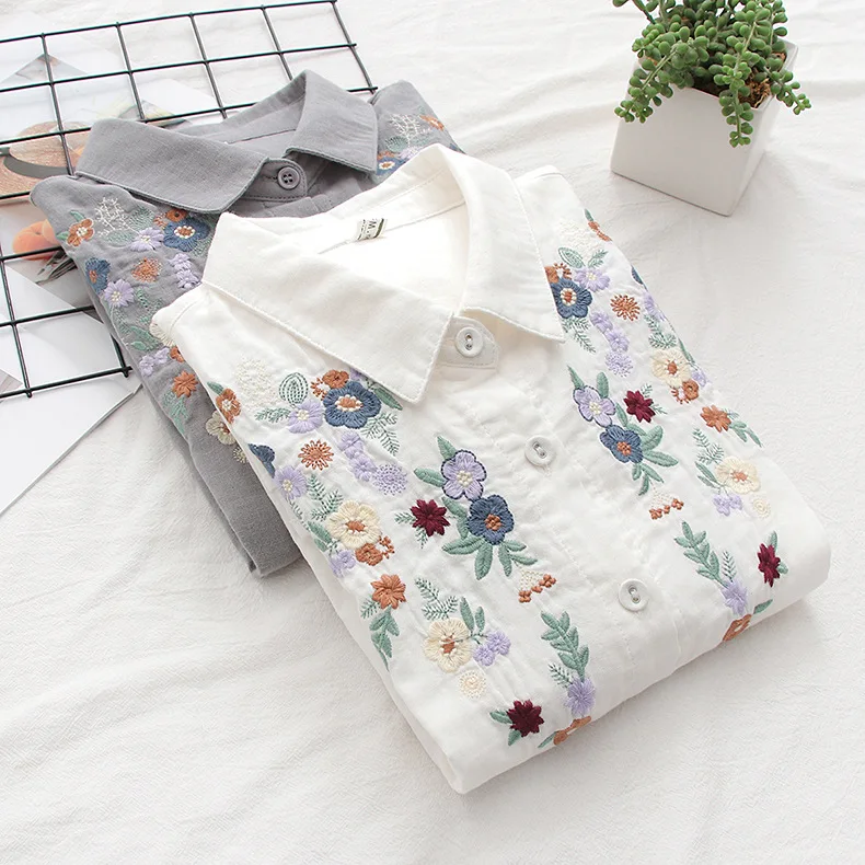 

Blouses Women Shirt Turn Down Collar Embroidery Floral Full Sleeve Tops Y2k Streetwear Elegant Splice Shirts Casual Work 2025