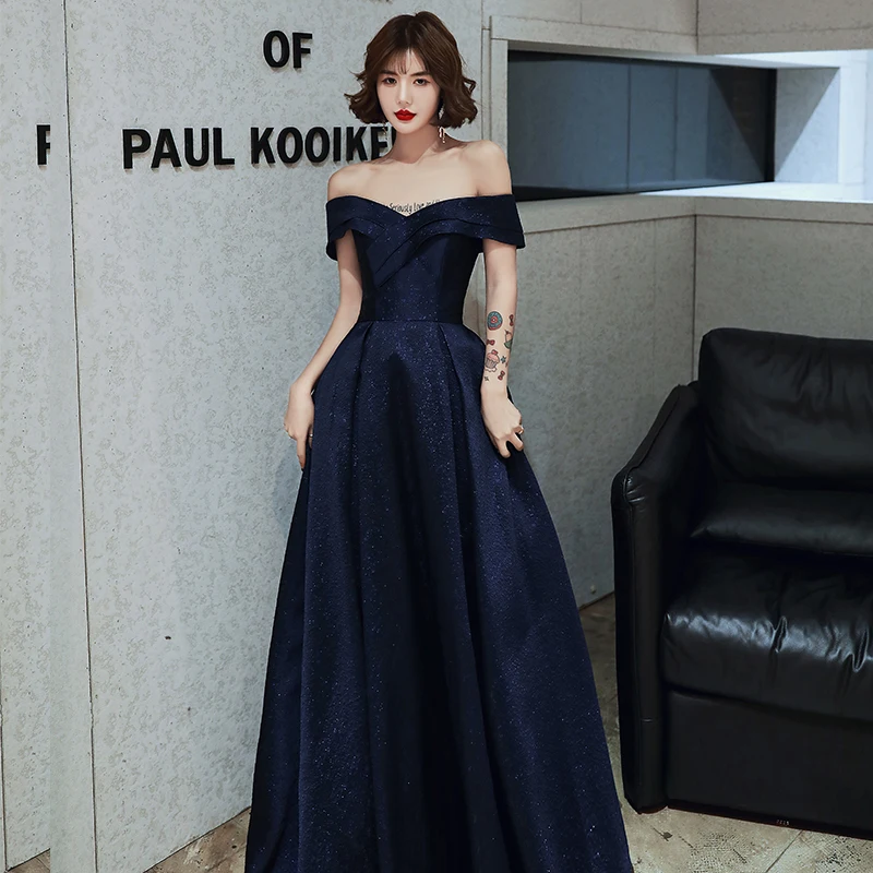 It's Yiiya Evening Dress Navy Blue Jacquard Off the Shoulder A-line Floor-length Plus size Women Party Formal Gown Customization