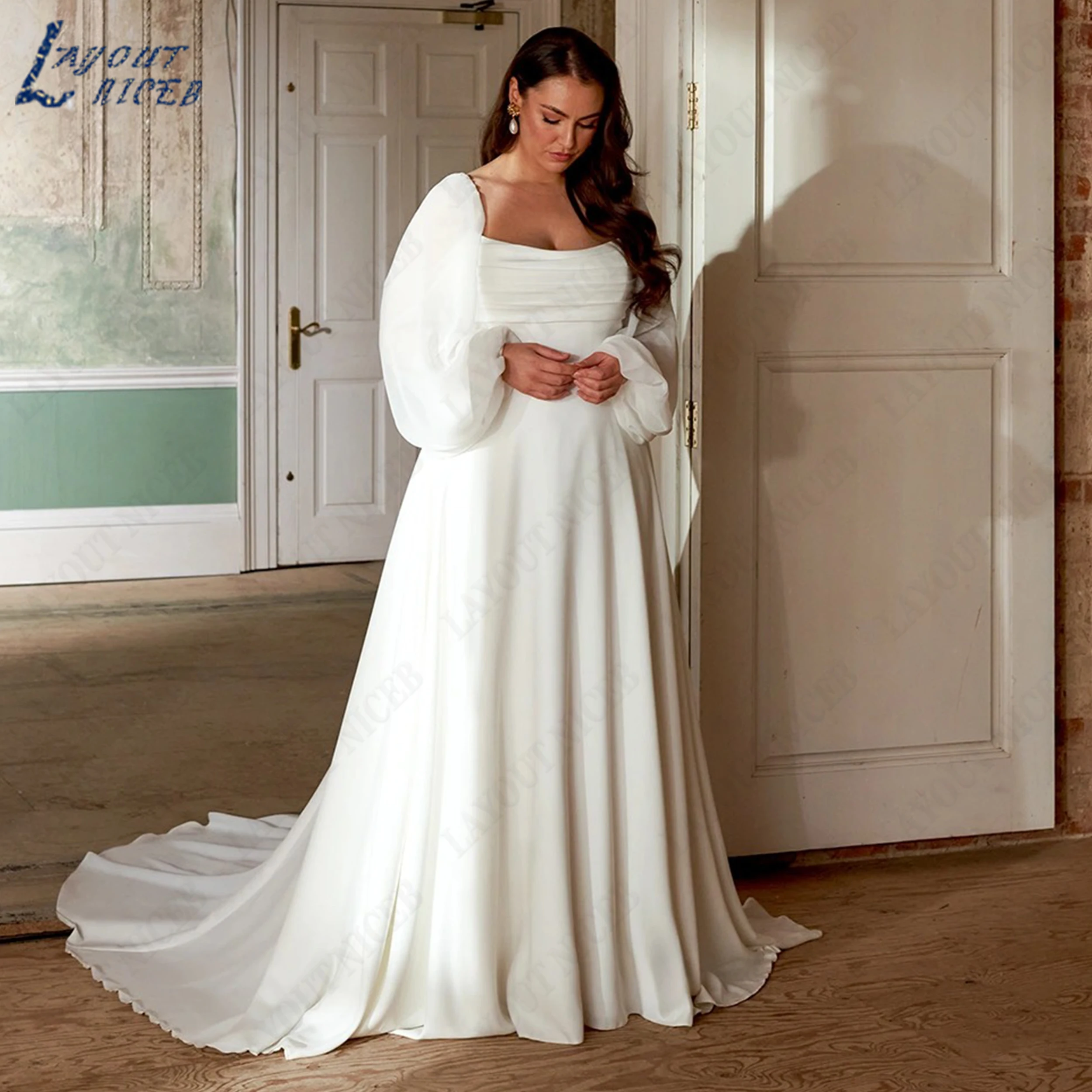 LAYOUT NICEB Long Puff Sleeve Bridal Gowns A Line Chiffon Wedding Dress Square Neck Church Bride Dresses For Weddings Customized