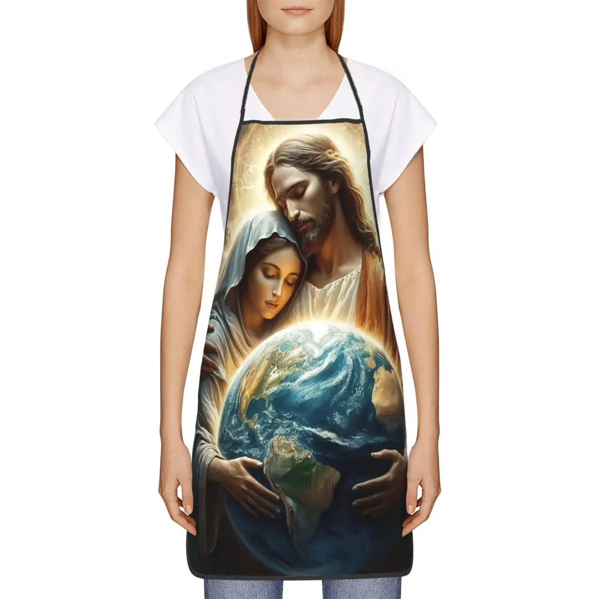 Custom Jesus And The Virgin Embrace The Earth Funny Aprons  Adult Unisex Chef Bib Tablier Cuisine Cooking Baking Gardening