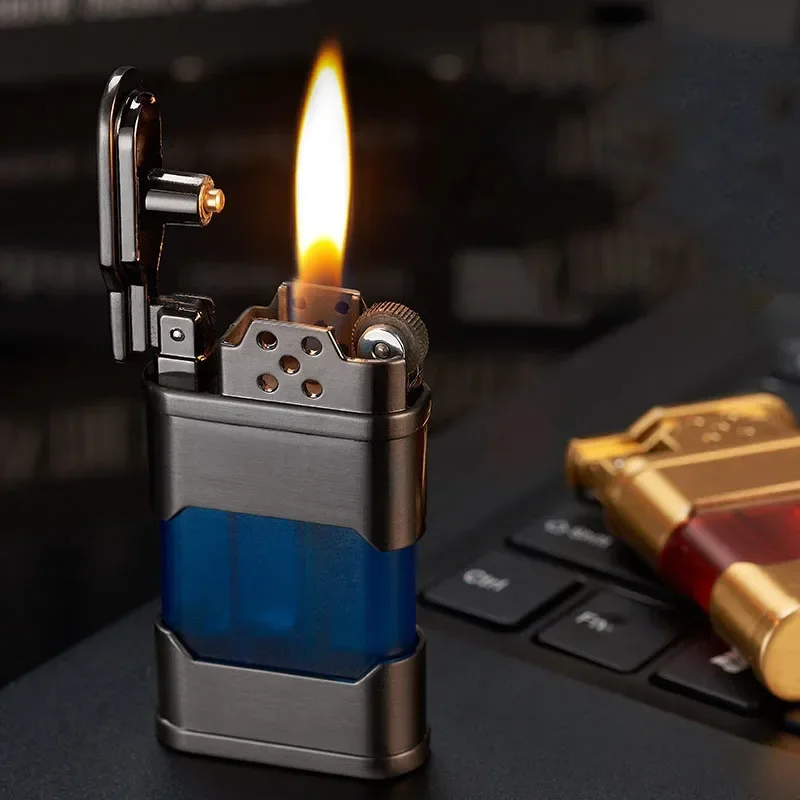 Metal Vintage Butane Gas Lighter Transparent Oil Tank Grinding Wheel Ignition Windproof Open Flame Smoking Accessories Gadgets