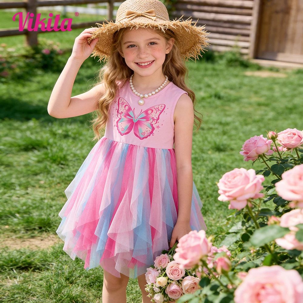 VIKITA Mädchen-Tutu-Kleid mit Schmetterlingsdruck, für Kinder, rosa, ärmellos, für den Sommer, mehrfarbig, Pastell, unregelmäßig, Prinzessin, Geburtstagsfeier, Ballkleid