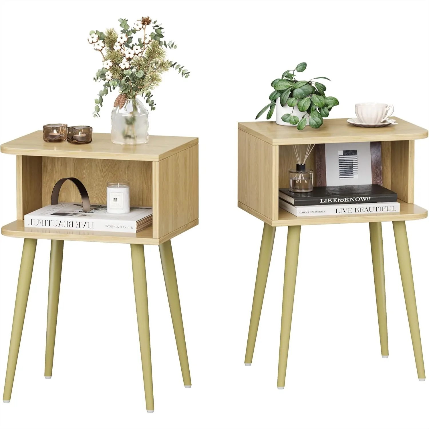 

Nightstand Set of 2, Small Bed Side Table for Small Spaces, Mid Century Modern End Table with Open Storage, Bedroom Living Room