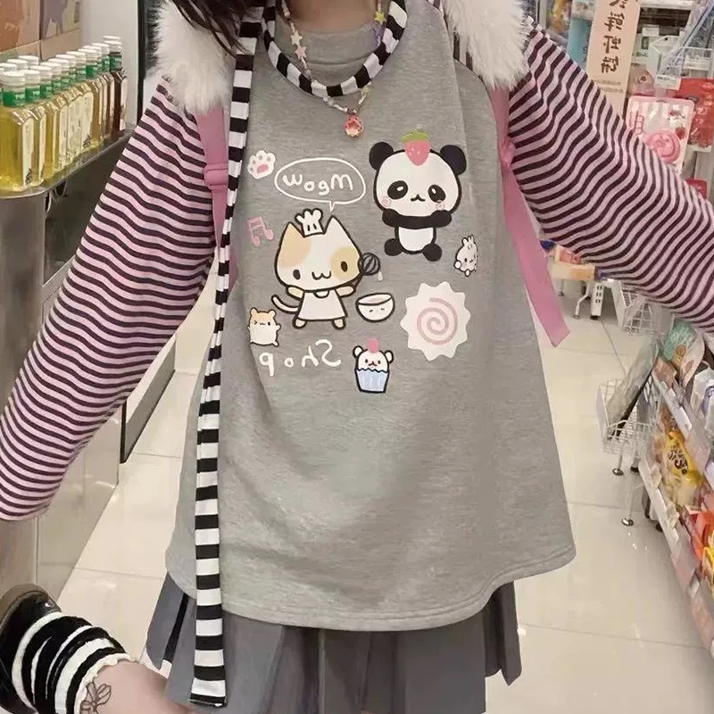 Grey Pink Striped Panda Print Long Sleeve Shirts Y2k Cartoon Japanese Harajuku Kawaii Loose Hoodie Women Spring New Tees