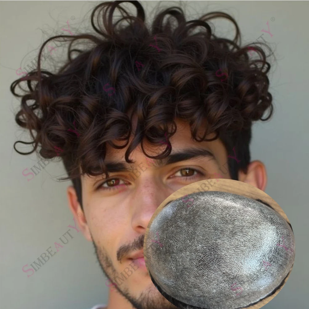 

24mm Curly #4 Ash Brown Blonde 100% Human Hair Men's Wig Durable Full PU Man Toupee Natural Hairline Capillary Prosthesi for Men