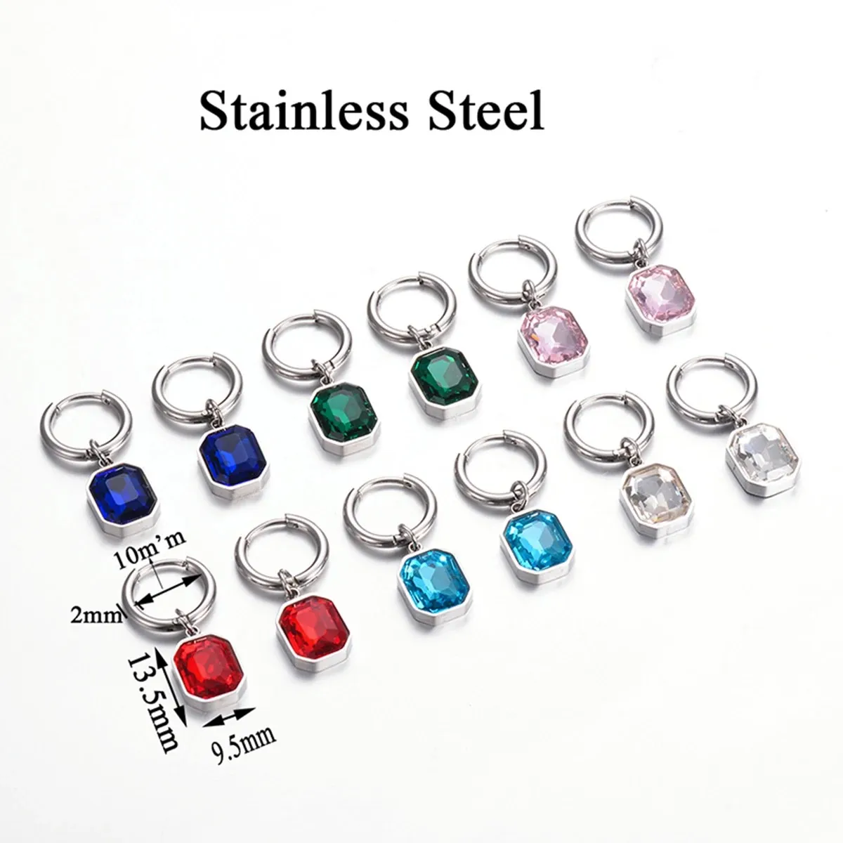 Stainless Steel Square Crystal Glass Drop Hoop Earrings Fashion Women\'s Water Proof Earrings  6 Colors