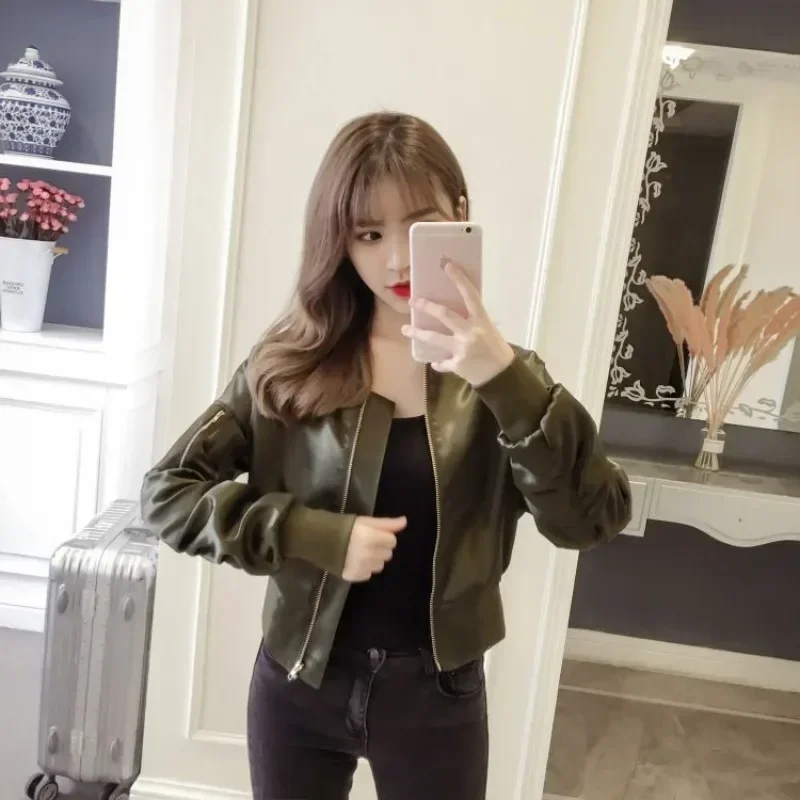 Skinny PU Leather Bomber Jacket for Women Slim Plain Baseball Aviator Coat Woman Korean Reviews Clothes Youthful Trend 2024 Chic