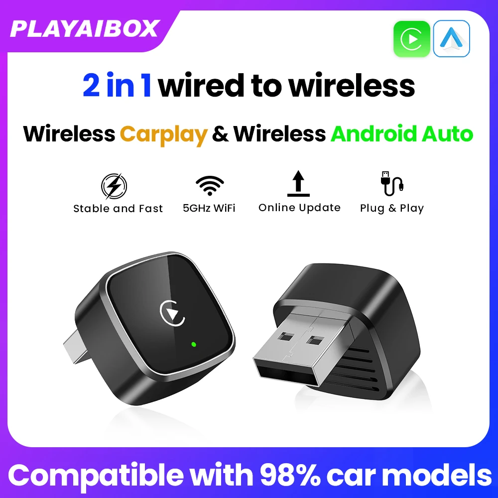 2 in 1 Wireless CarPlay Android Auto 2025 New Smart Adapter Plug and Play Stable BT WiFi Connect OTA Upgradable Fit 98% Vehicle