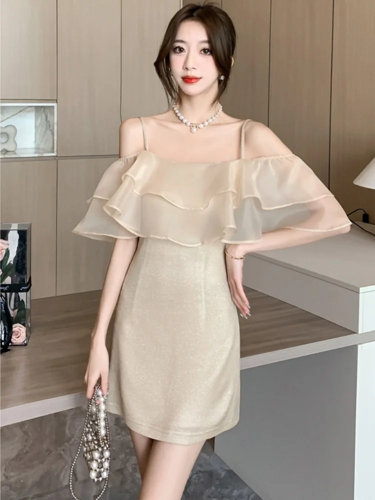 

2024 Summer Korean Style New Champagne Color Midi Dress Women Fashion Elegant Temperament Slash Neck Camisole Tierred Dress