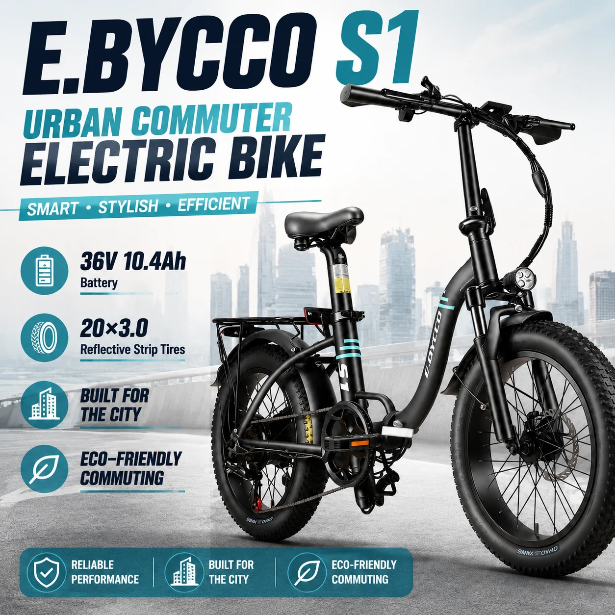 Bicicleta Eléctrica Urbana E.BYCCO S1, Batería de Litio de 36V 10.4AH, Neumáticos 20x3.0, Equipada con Tiras Reflectantes de Seguridad