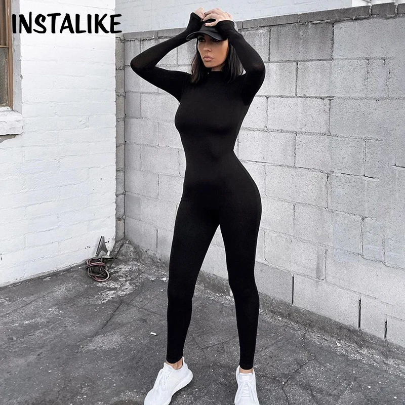 InstaLike-Sexy Thick Jumpsuits for Women, Autumn and Winter, Black and White, Bodycon Plus Velvet, Tight, Long-Sleeve,Sports Fit