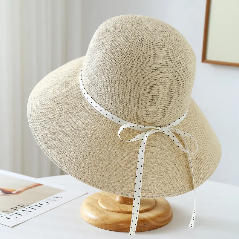 New Ribbon Bow Straw Hat, Elegant Beach Hats Women Sunhat Vacation And Travel Seaside Wide Brimmed French Style