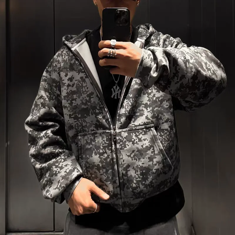 

Серый камуфляжный свободный пуловер Mertra High Street с капюшоном для мужчин и женщин, унисекс, толстовка на молнии с внутренними бирками