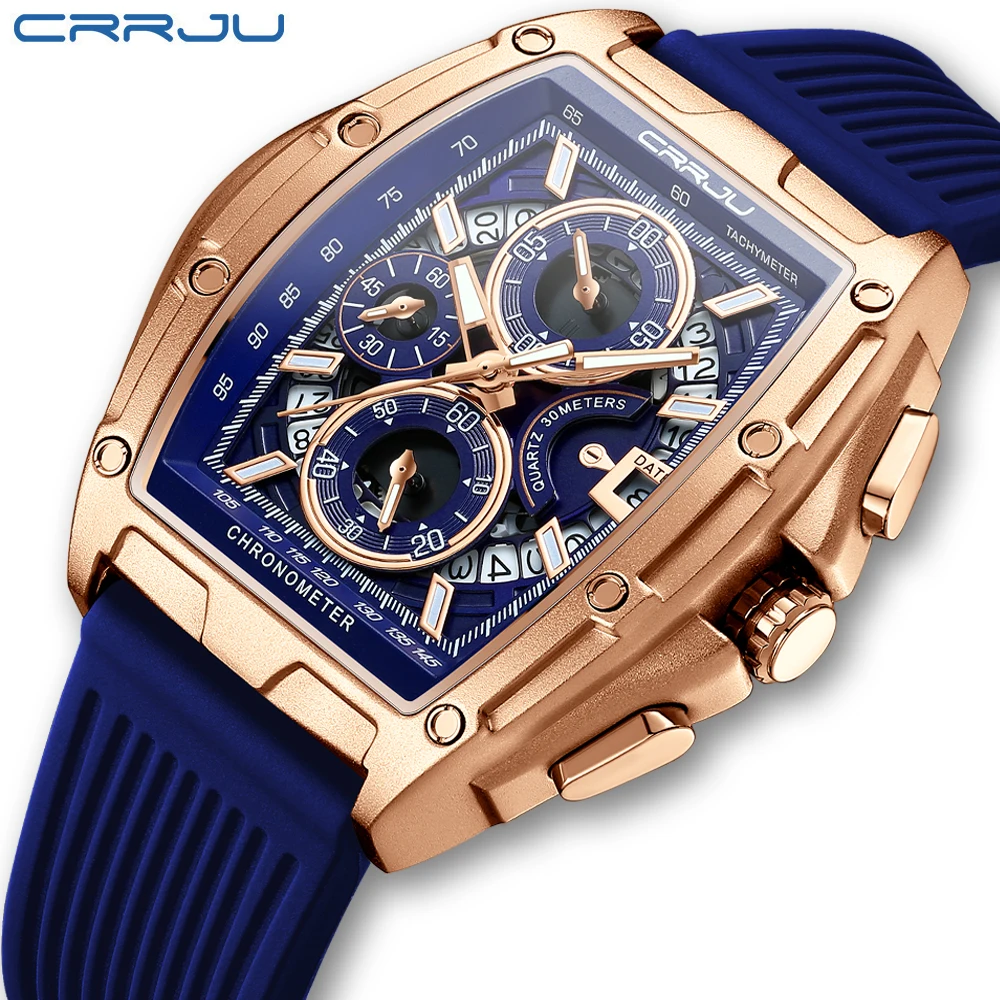 CRRJU-Montre à quartz en silicone pour homme, surface creuse, miroir incurvé, marque dominatrice