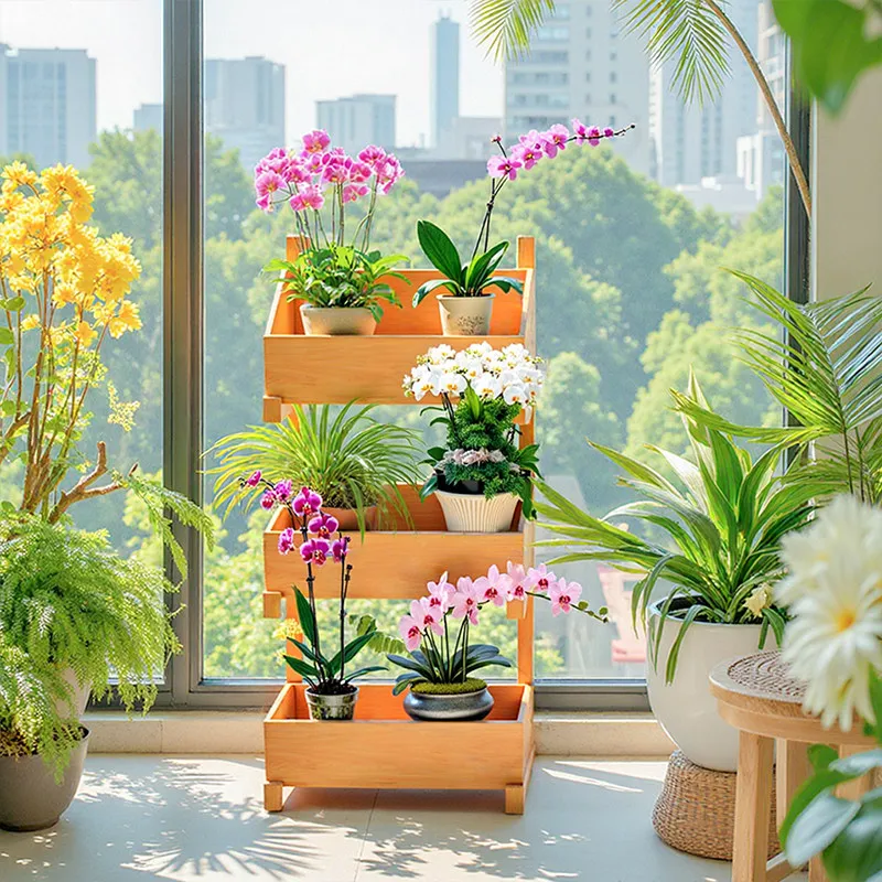 Balcony solid wood ladder rack 2026 new living room floor-to-ceiling medieval flower pot Phalaenopsis flower