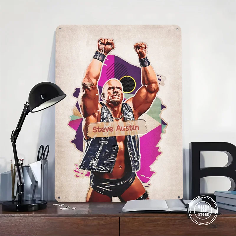 Steve Austin Wrestling Champion Art Printed Poster Customizable Wall Art Retro Vintage Metal Tin Signs for Home Room Desk Decor