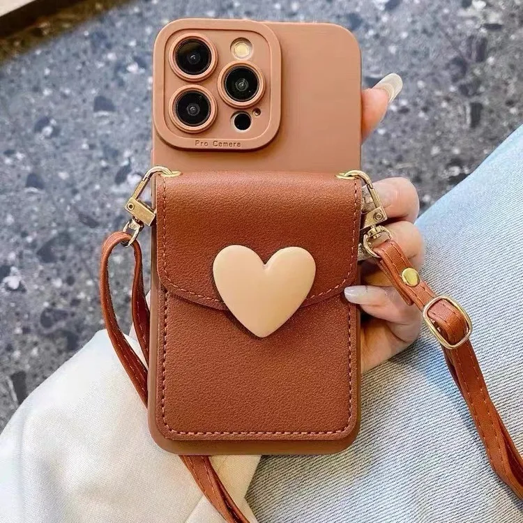 

Niche Brown Love Card Bag Hanging Diagonally Leather Phone Case for IPhone 17 Air 16 15 14 Plus Pro Max 13 12 Phone Back Cover