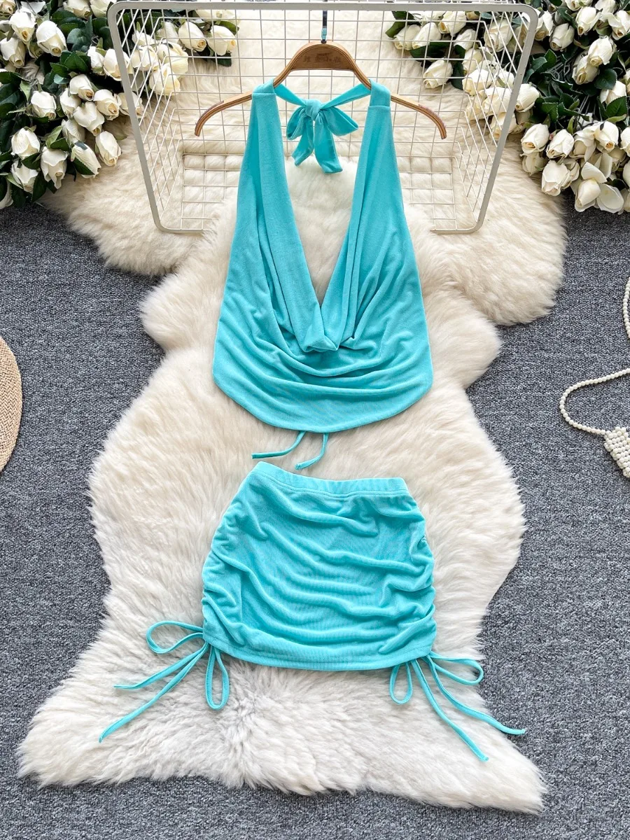 

Foamlina Pure Desire Сексуальный топ с лямкой на бретельках и воротником-хомутом с открытой спиной и завязками, облегающая мини-юбка, комплект европейского наряда для женщин