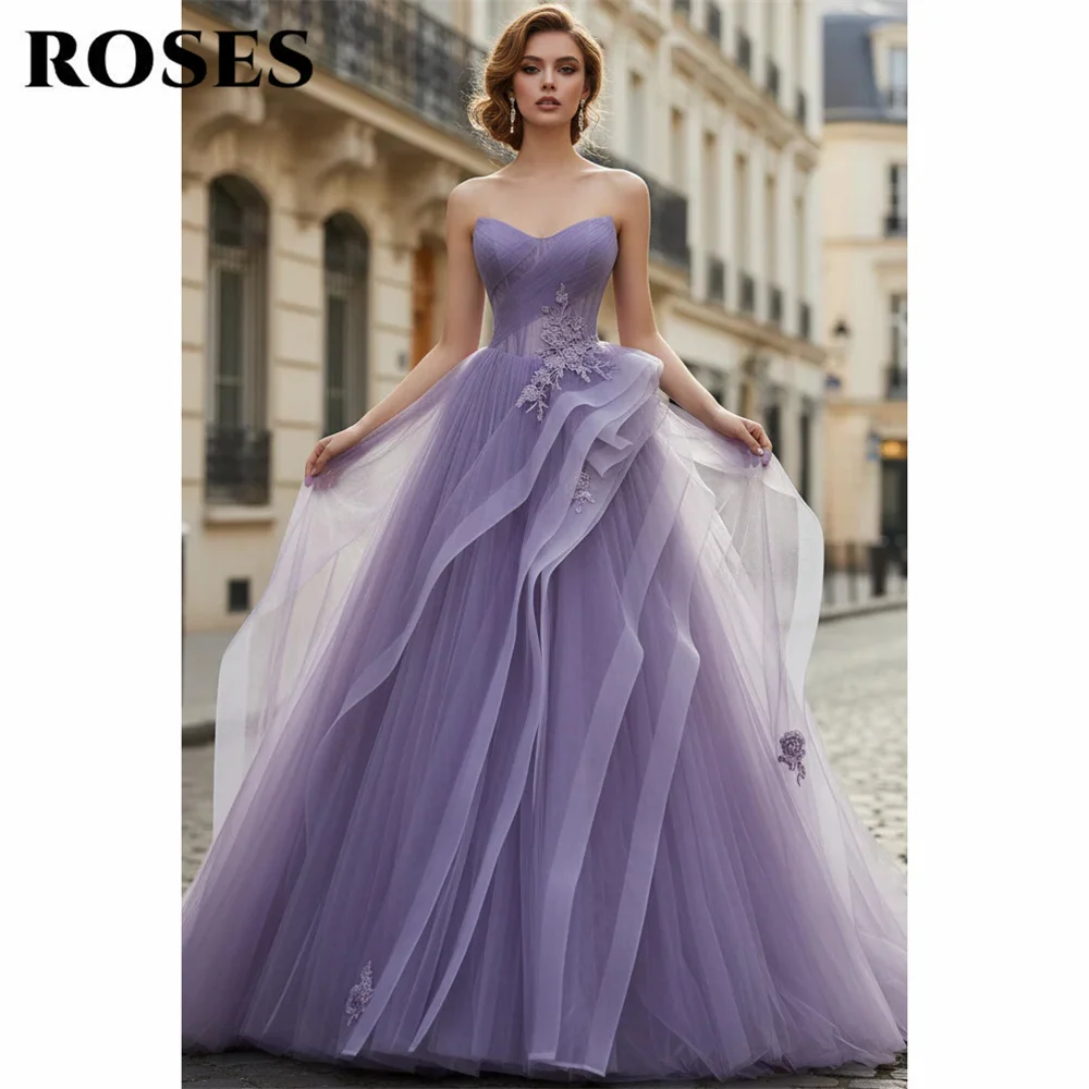 

ROSES Lavender Dreamy Party Dress Sweetheart Evening Dress Lace Up Back Formal Gown with 3D Lace Applique Prom Gown Customized