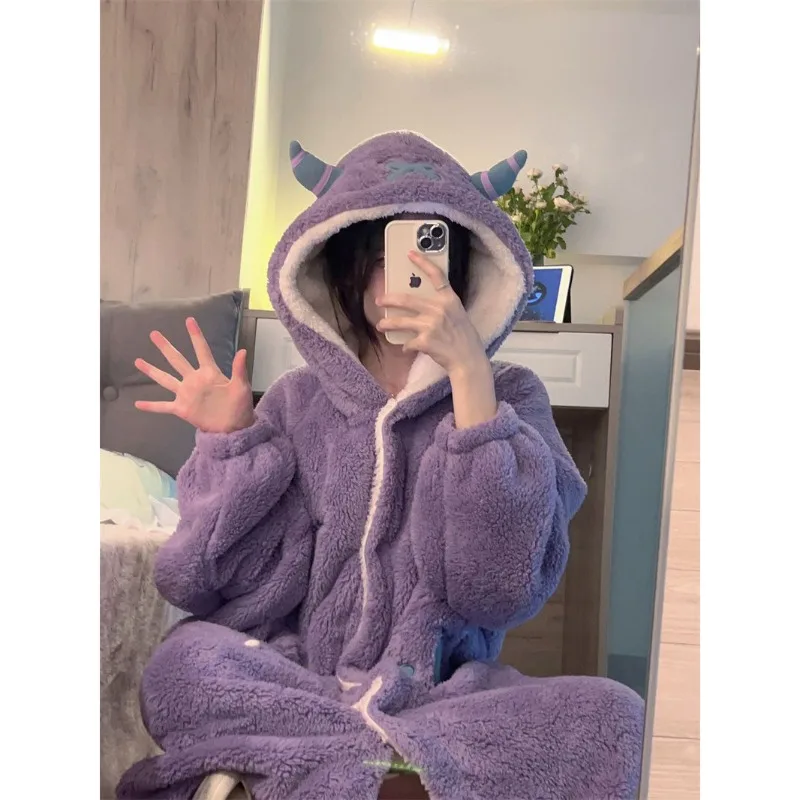 Cute Robe for Women Sleepwear Nightdress Winter Night Wears Warm Fleece Pajama One Piece Nightgown Hooded Long Sleeve Homewear image 3