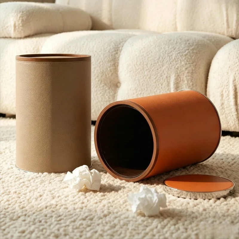 Leather Trash Can Bedroom Waste Bins with Lid Luxury Office Stainless Steel Edge Garbage Bin Portable Food Waste Litter Bins