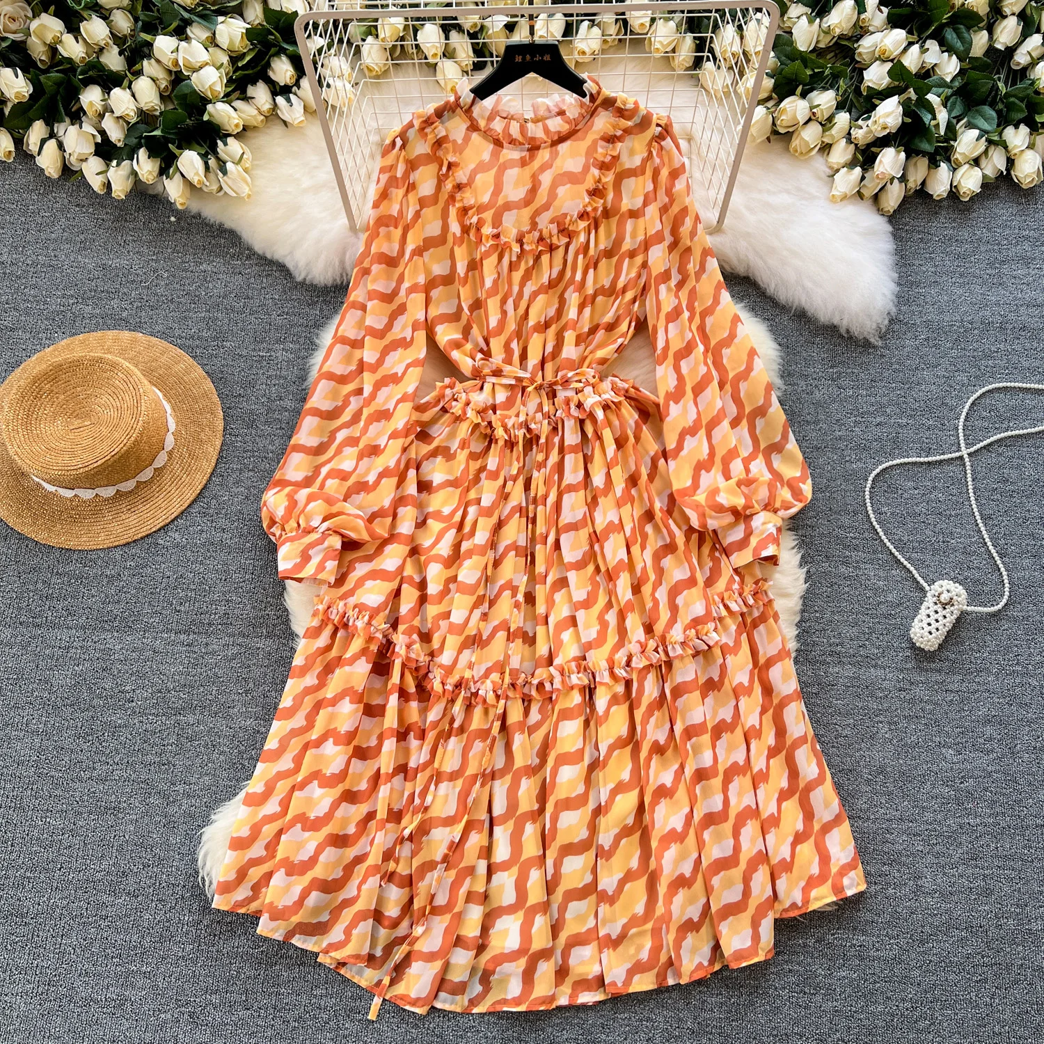 

Vintage Elegant O Neck Long Sleeve Ruffle Print Bandage Loose Dress A-line Fashion Chiffon Spring Autumn Vestidos Women Dresses