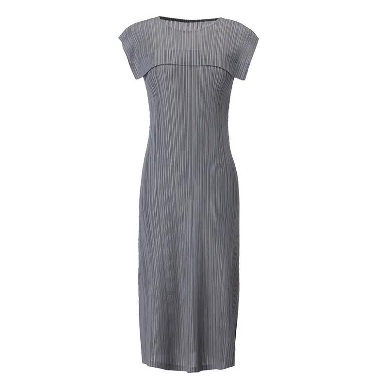 

Miyake Pleated Round-neck Sleeveless Dress Women Summer Causal Cap Sleeve Midi Dress