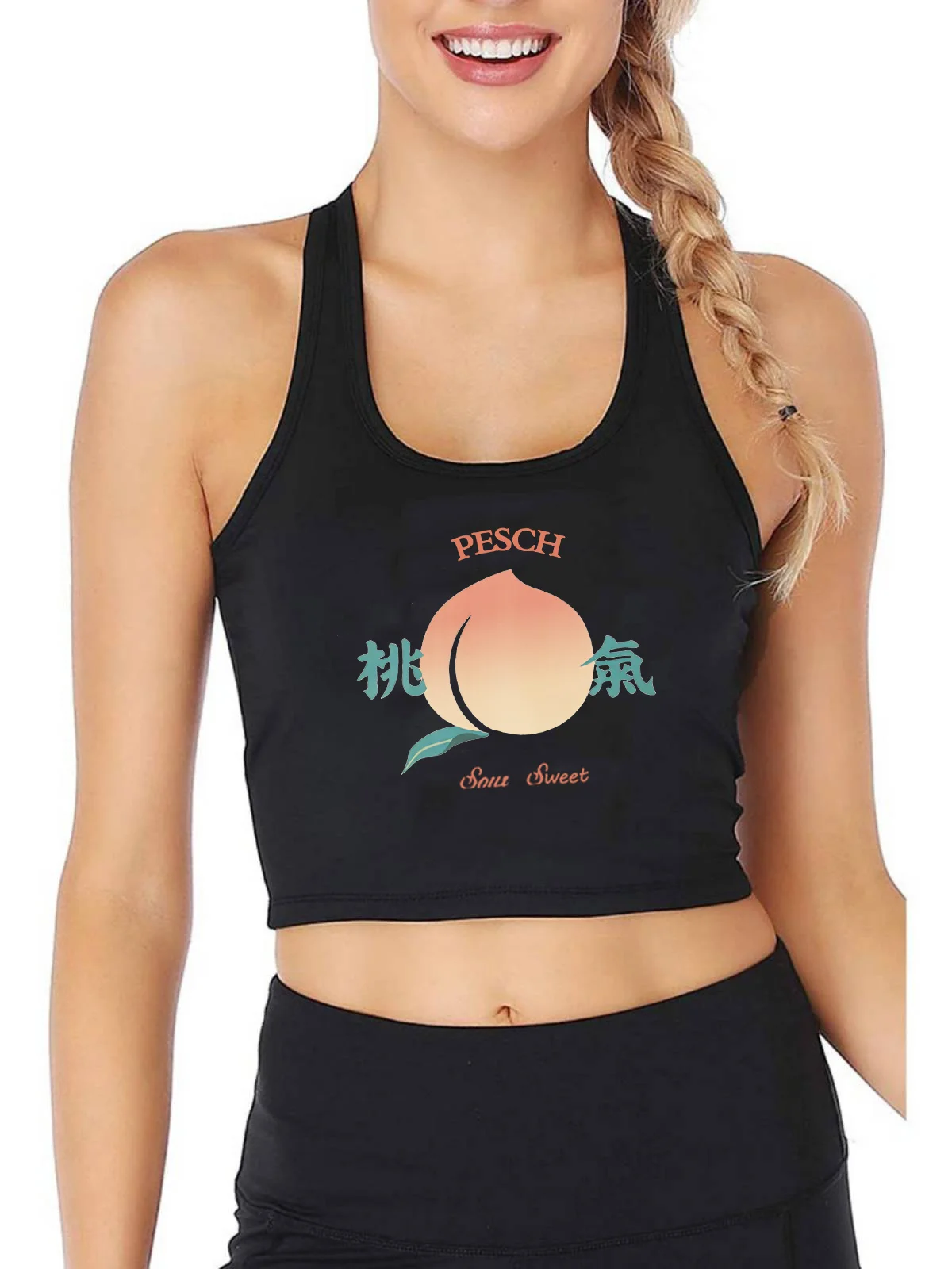 

Peach Pattern Chinese Naughty Print Tank Top Girl's Fashion Breathable Slim Fit Crop Tops Summer Camisole