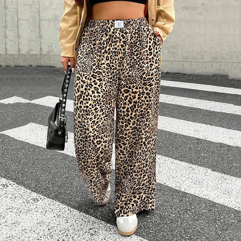 

Women Print Wide Leg Pants Elastic High Waist Loose Straight Trousers Vintage Streetwear Casual Floor Flowy Daily Wear Lounge