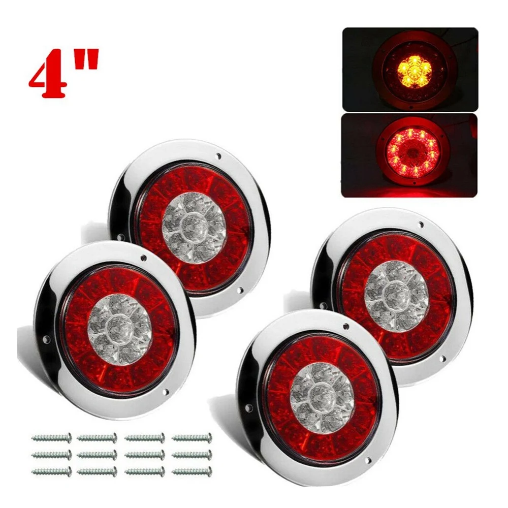 Luz LED redonda para camión, remolque RV, freno, parada, giro, señal trasera, rojo, ámbar, cromo, impermeable, 4 piezas, 12-24V, 16 LED, 4 pulgadas