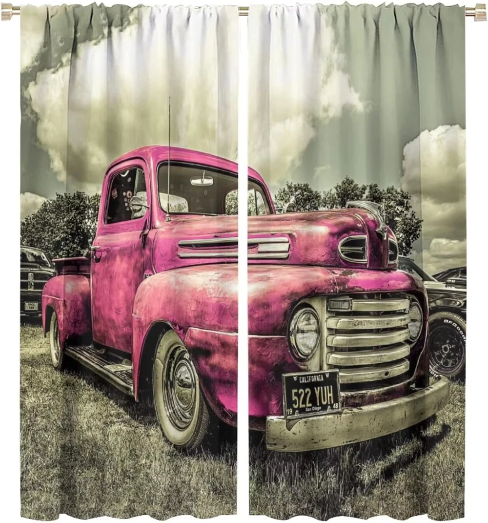 Maßgeschneiderte Retro-Fenstervorhänge mit klassischem Auto-Print aus Polyester, blickdichte Gardinen für Männerhöhle, Schlafzimmer, Geschenk