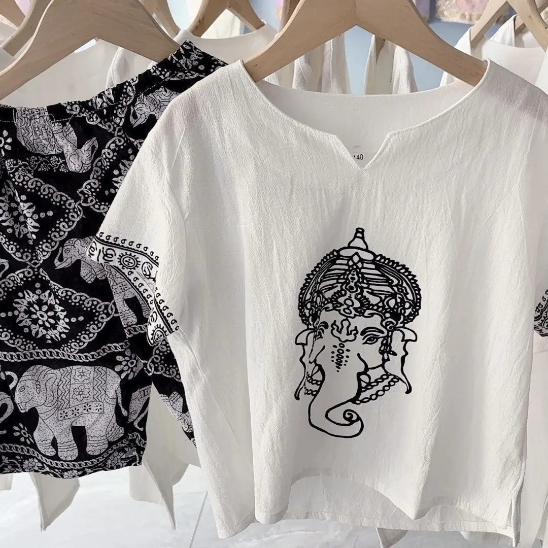 

Детские шорты с короткими рукавами и короткими рукавами из 2 предметов в Таиланде для мальчиков, повседневный комплект, летняя свободная одежда Dai в этническом стиле Dai со слоном