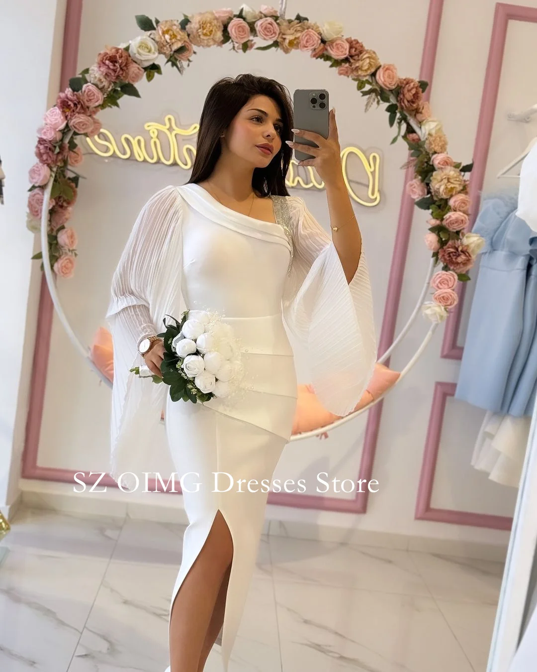 

OIMG 2024 New Summer Women's Maxi White Crepe Satin Prom Dress Puff Sleeves Fashion Celebrity V-Neck Side Slit Party Dress