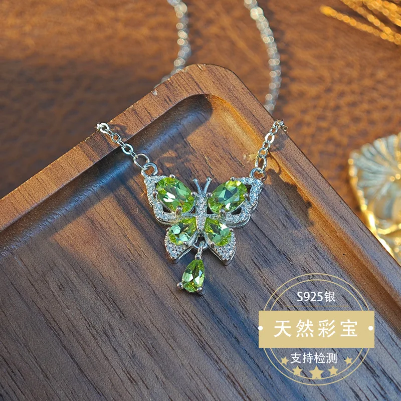 

Pendant Silver 925 Original Natural Peridot Butterfly Necklace Gemstone Wedding Birthday Anniversary Gift Lady Gift