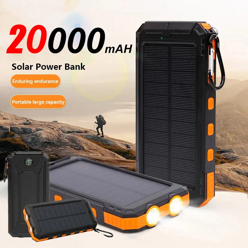 20000mAh Solar Power Bank Large Capacity Fast Charging Portable Compass Flashlight External Battery Outdoor Power For iPhone