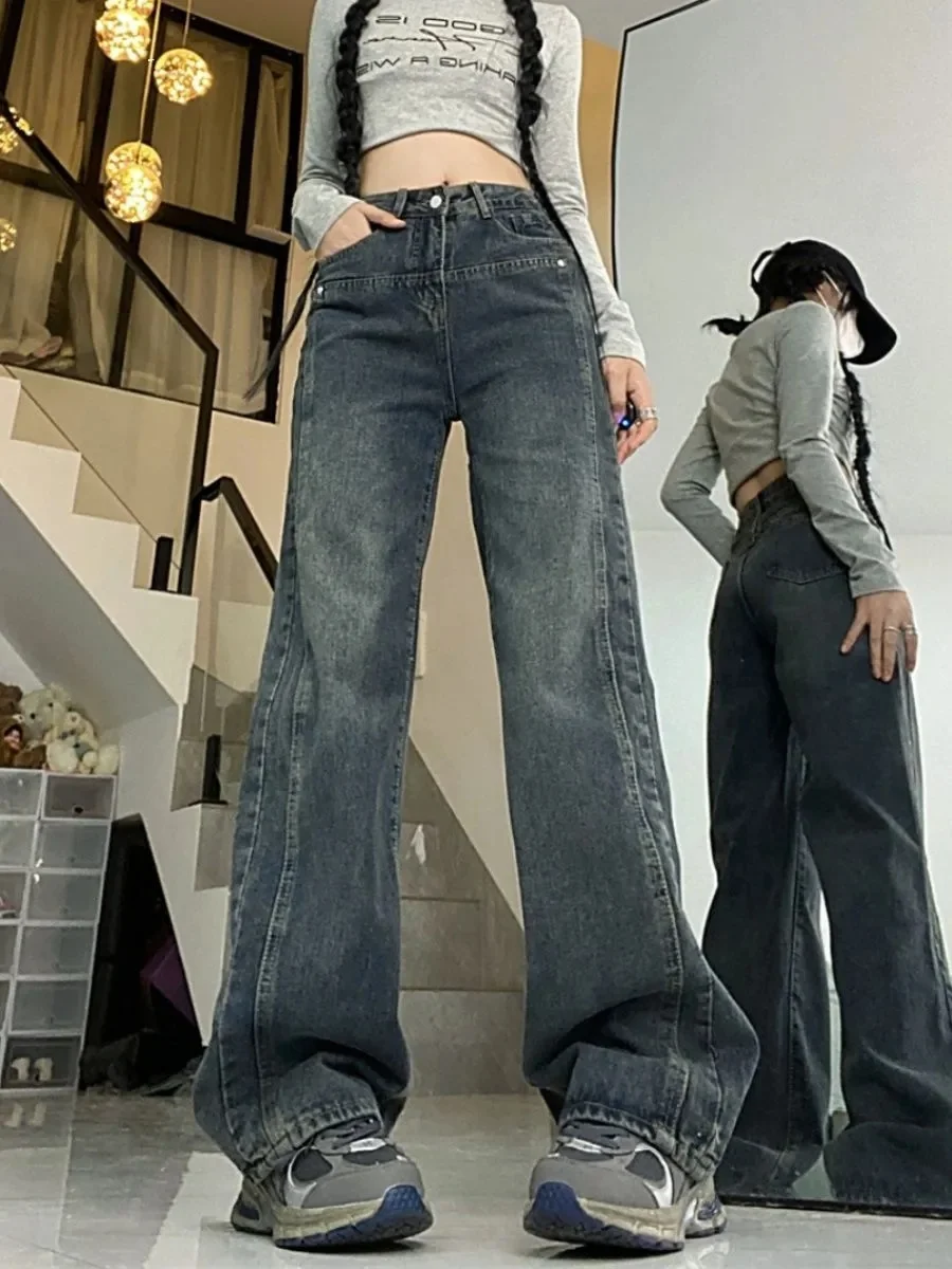 

American Sle High Waist Wide Leg Jeans Women's Autumn Winter Vintage Loose Straight Floor-Length Slimming Design Trendy Pants