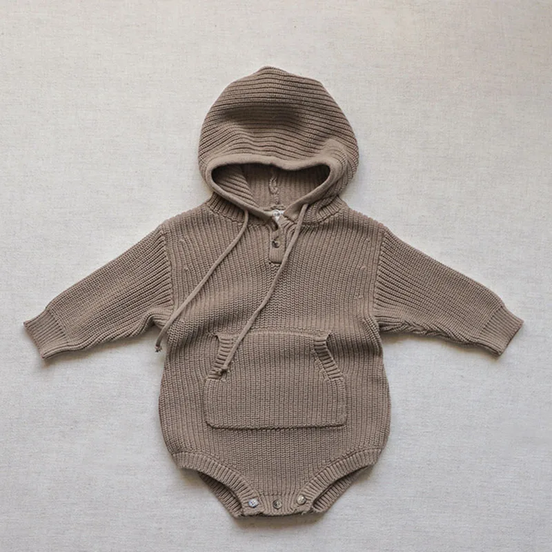 Autumn Spring Korean Style Knitting Climbing Suit Long Sleeved Solid Color Hooded Knitting Toddler Baby Boys Girl Romper