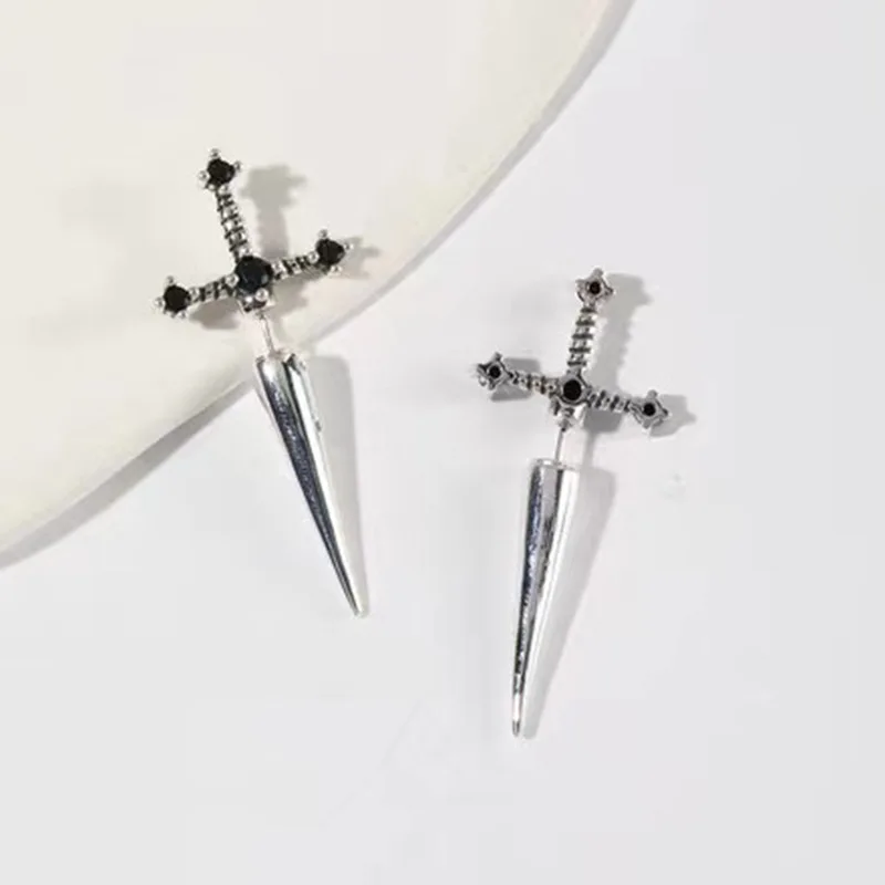 Gothic Cross Sword Earrings For Women Creative Zircon Silver Color Dagger Exaggerated Earrings Jewelry Gift