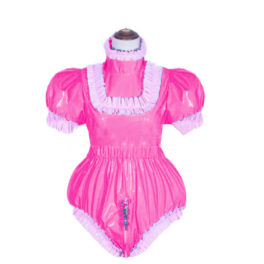 بدلة للجسم سيسي قابلة للقفل بأكمام قصيرة منتفخة من مادة PVC للبالغين زي خادمة فرنسية وسحاب خلفي إلى المنشعب بياقة مدورة متقاطعة 7XL #1