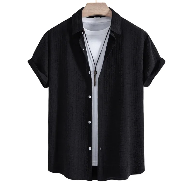 Traje de camisa informal tipo gofre para hombre, camisa de manga corta sólida de dos piezas y pantalones cortos, conjunto de camiseta y pantalones cortos informales Harajuku