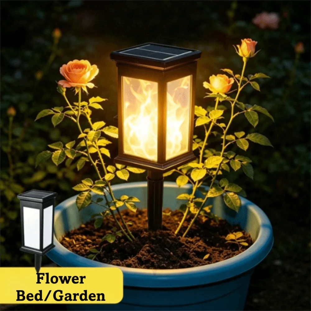 Waterproof Solar Pathway Lights Flickering Flame IP65 Waterproof Garden Path Light Adjustable Height 3 Different Heights