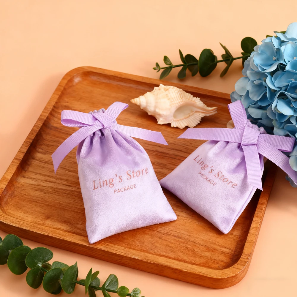 

50Pcs Personalized Logo Violet Jewelry Flannel Bag Middle with Grosgrain Ribbon Velvet Pouches Earrings Rings Bracelet Packaging